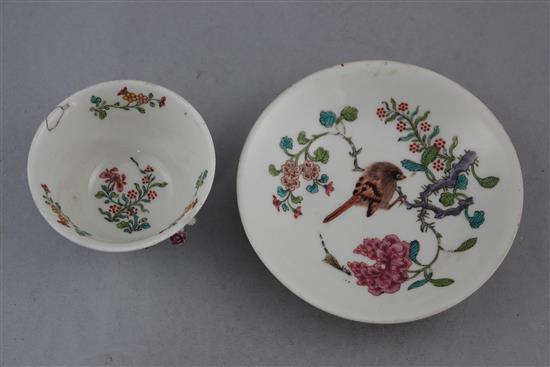 An unusual English soft paste porcelain polychrome teabowl and saucer, possibly Longton Hall c.1755-60, 12.4cm., repair to rim of teabo